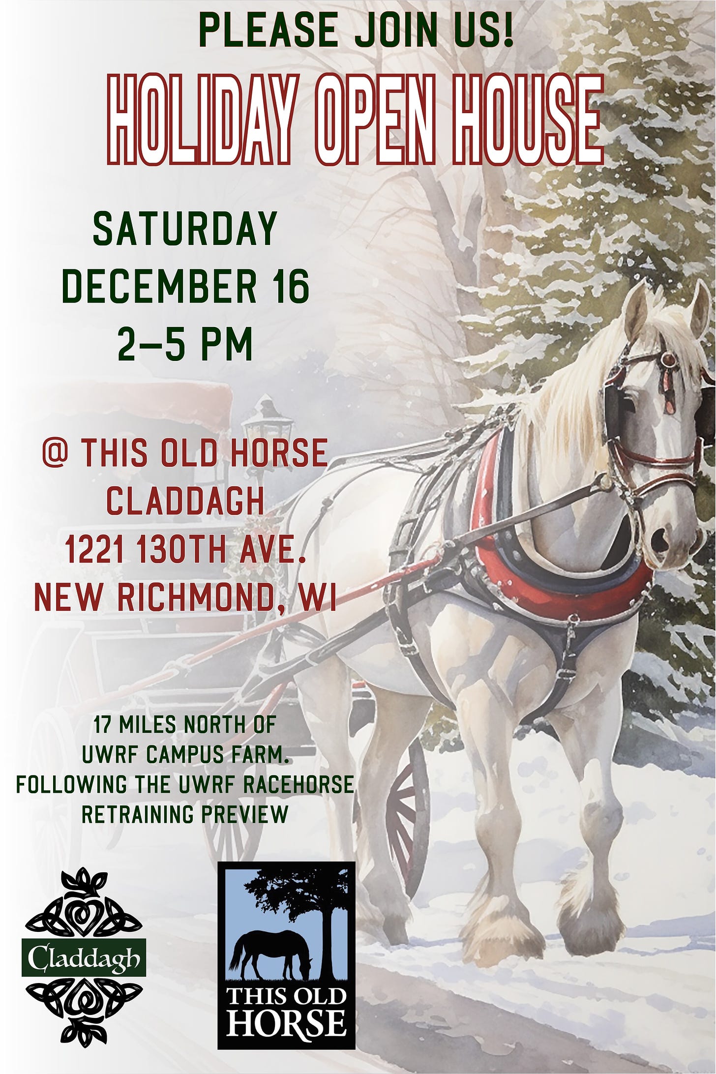 A flyer inviting people the Open House that is decorated with a watercolor winter scene with a white horse pulling an old-fashioned sleigh.