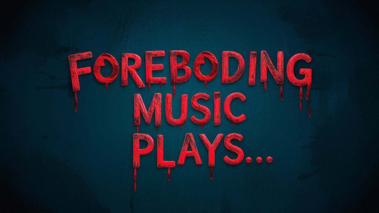 Text in blood red font saying "Foreboding music plays..."