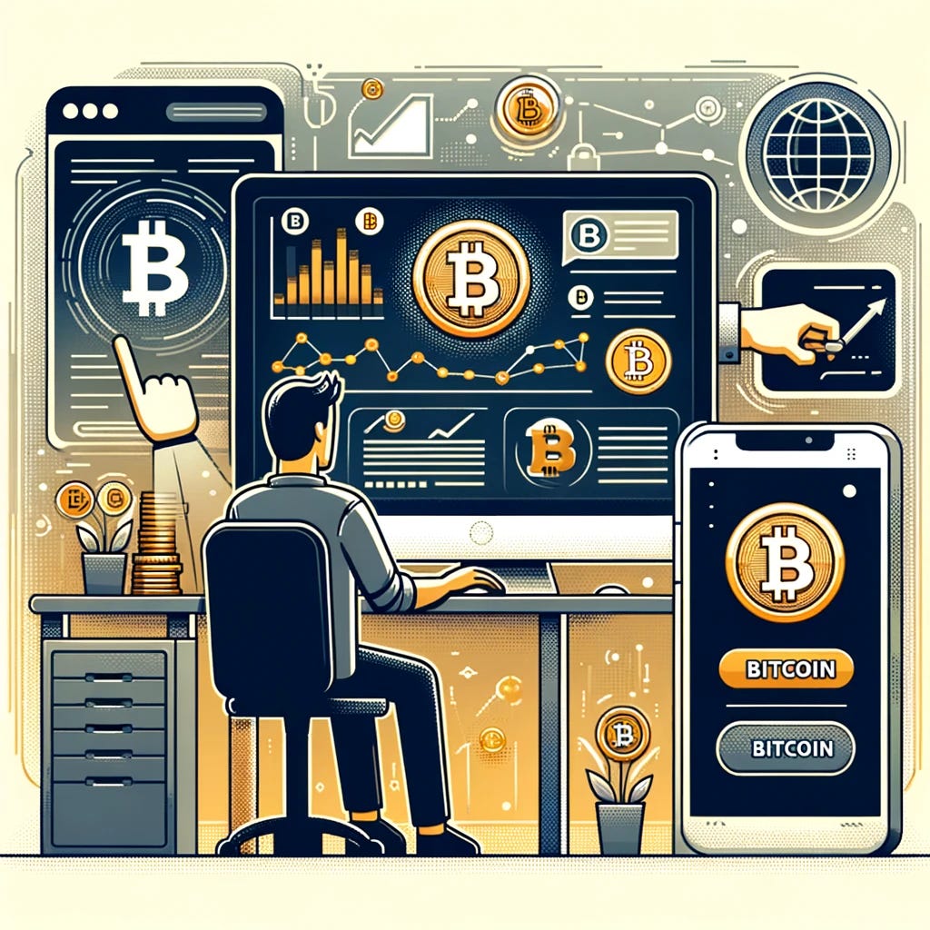 An illustration representing the process of buying Bitcoin. The image features a person sitting in front of a computer, visibly engaged in an online transaction. On the computer screen, there's a clear depiction of a cryptocurrency exchange website, with a user interface showing Bitcoin and the steps to purchase it. Next to the computer, there's a smartphone displaying a mobile wallet app with Bitcoin being received. In the background, there are symbols and icons associated with Bitcoin, like the Bitcoin logo and a simplified chart showing Bitcoin's market trends. The overall atmosphere of the image should convey a modern, digital finance setting.