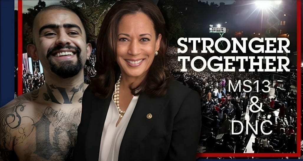 Image of Kamala Harris smiling alongside a member of MS13, with a large crowd in the background, and the text 'Stronger Together - MS13 & DNC' prominently displayed.