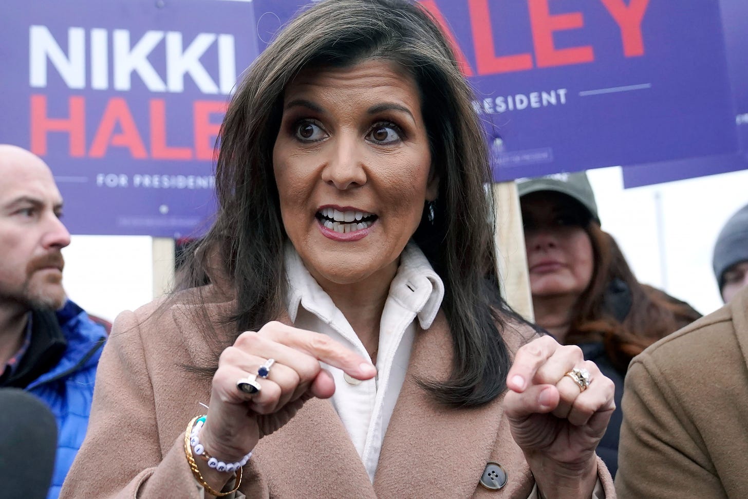 Nikki Haley addresses members of the media in New Hampshire.