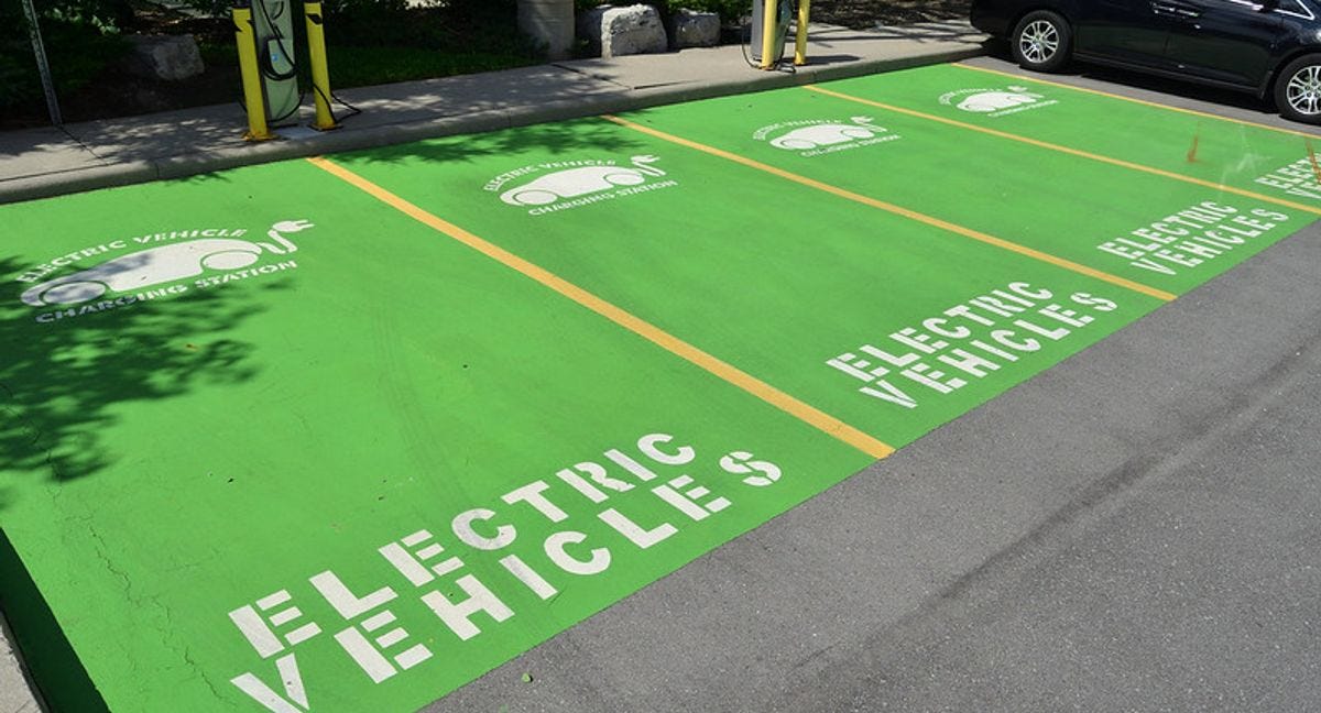 A photo of parking spaces reserved for EV charging