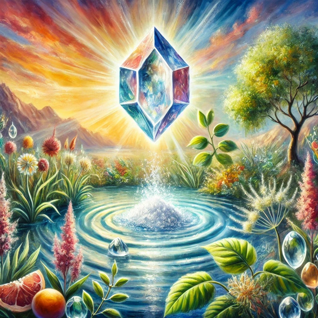 An expressive and vibrant oil painting showcasing the concept of healing and balance through natural elements. The scene features a tranquil water body with gentle ripples symbolizing pH balance, surrounded by bright, lush plants like green leaves and colorful fruits representing alkalinizing foods. A crystalline structure floats above the water, symbolizing sodium bicarbonate, with a radiant glow to signify its therapeutic properties. The background includes a soft sunrise, with warm golden and pink hues illuminating the scene, creating an atmosphere of renewal and vitality. The painting conveys harmony, wellness, and the synergy of nature's healing powers.