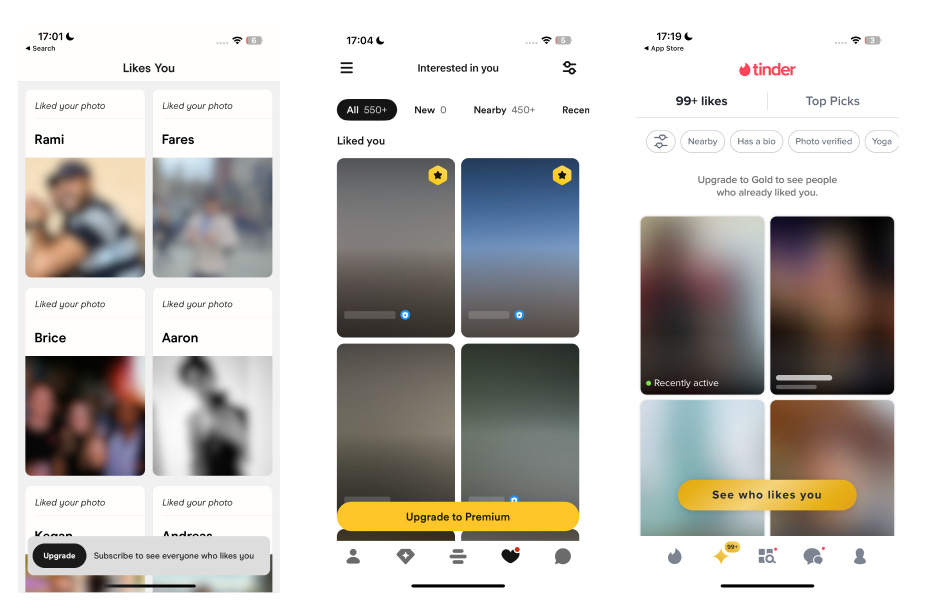 Screenshots of Tinder, Hinge and Bumble see who likes you screen
