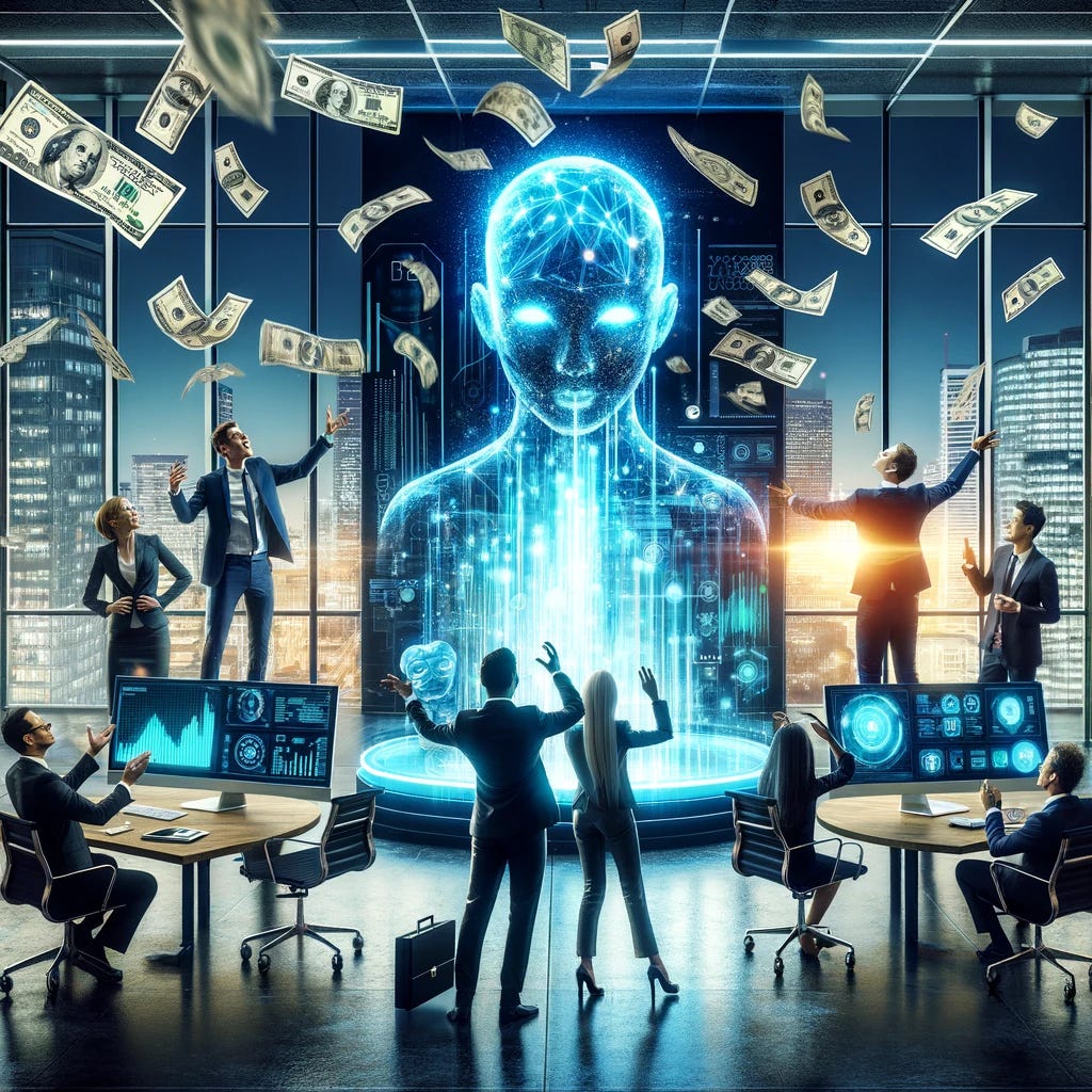 A vibrant and dynamic scene in a high-tech venture capital office. Venture capitalists, depicted as energetic, professional individuals, are enthusiastically throwing dollar bills towards a group of tech entrepreneurs who are presenting a large, glowing holographic AI model. The entrepreneurs are standing next to a screen displaying impressive data and graphs about their AI model. The office is modern and sleek, with glass walls and futuristic furniture. In the background, windows show a bustling cityscape, symbolizing the thriving tech industry. The atmosphere is one of excitement, investment, and the high stakes of technology innovation.