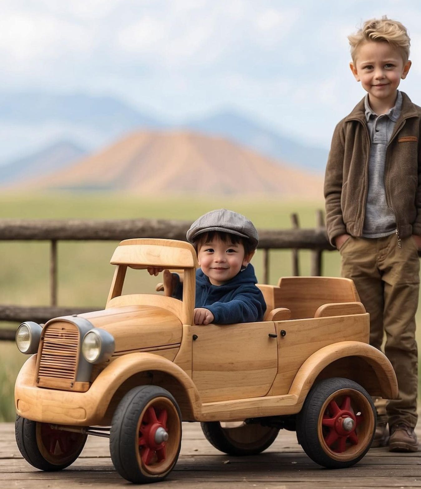 Two kids of different ethnicities smiling at camera, one in a wooden car