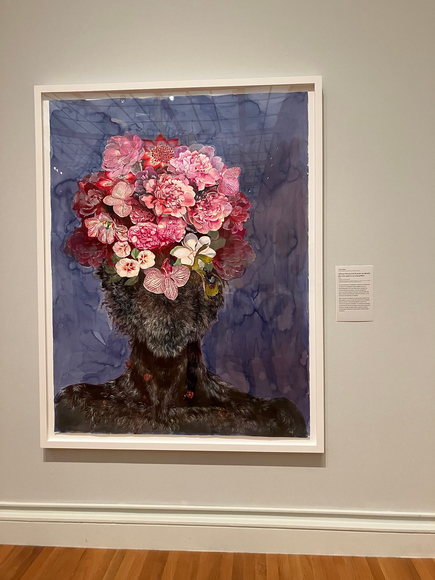 painting of head with pink flowers growing from it, covering face