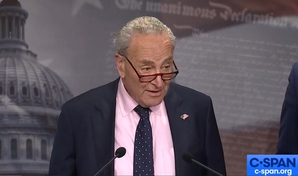 Senate Majority Leader Chuck Schumer answers questions at a press conference, looking over the top of his reading glasses