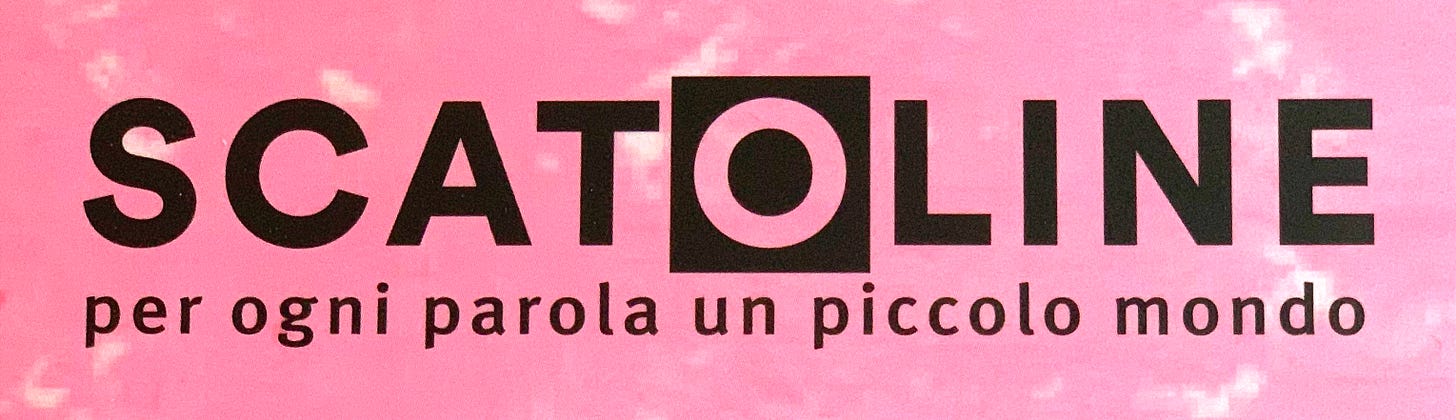 Sfondo rosa con macchioline sfocate bianca e in sovrimpressione una scritta nera: SCATOLINE per ogni parola un piccolo mondo