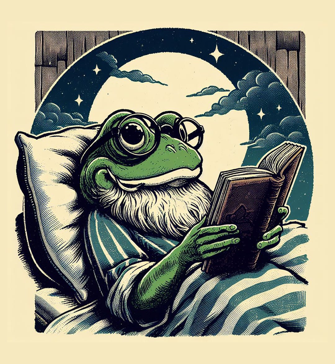 Bearded frog with glasses reading a book (ideogram.ai)