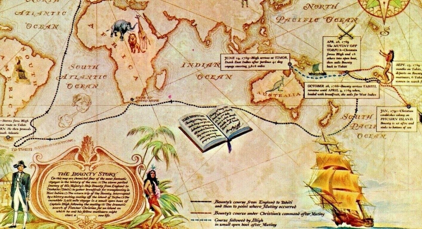 An old postcard showing the route of HMS Bounty to Tahiti and on to Pitcairn
