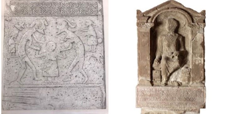 Two images side by side to illustrate the way the panel beneath the inauguration scene on Sueno's Stone is the type of panel that in a Roman monument like the tombstone of Arbeia might have borne an inscription.