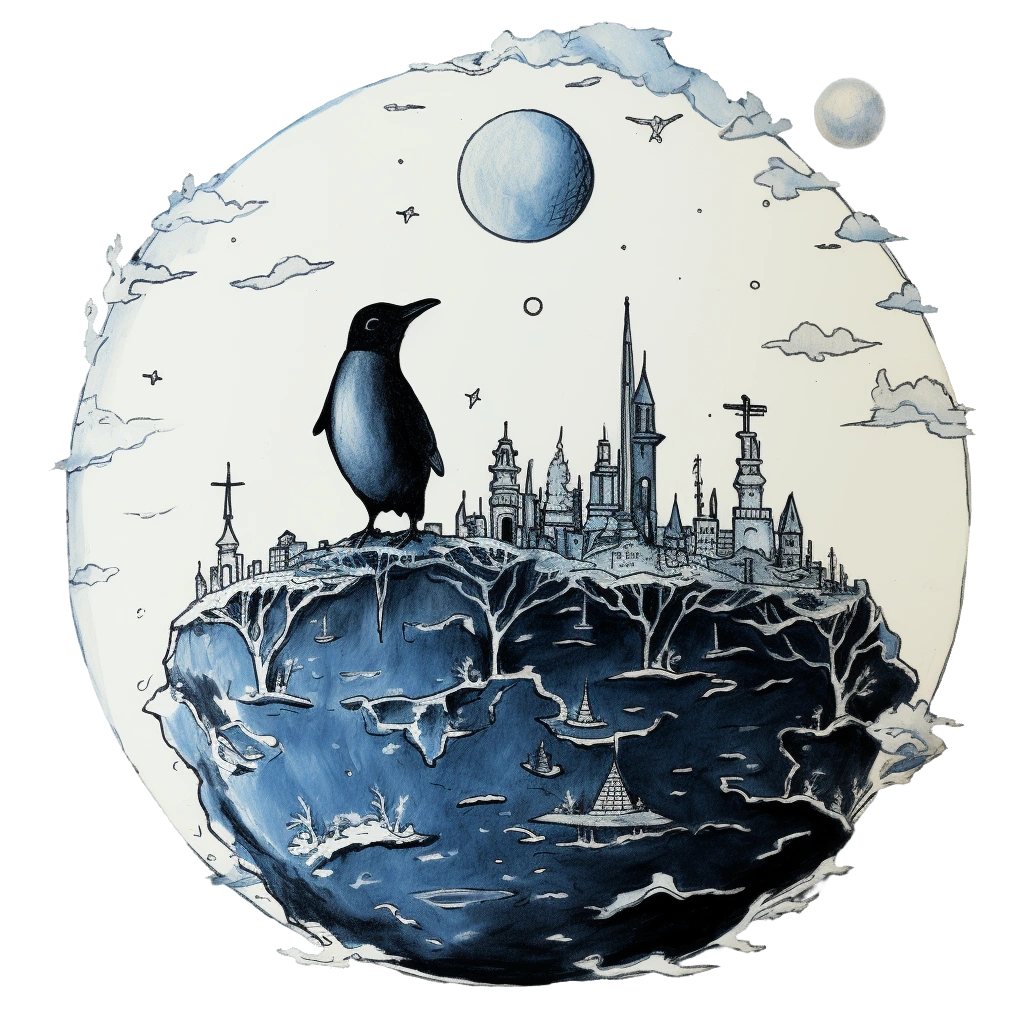 An AI drawing that looks like a hand drawn circle. Inside the circle is a penguin standing on an abstract iceburg, with a small city in the distance.