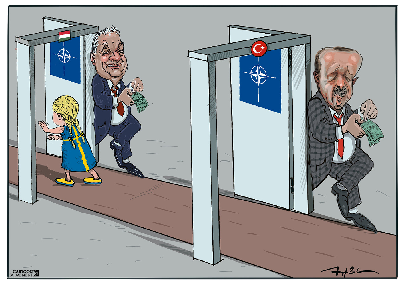 Cartoon showing a Swedish girl passing through two gates to join Nato. At the first gate with an open door stands Erdogan, looking smug as he is counting money. At the second gate with an open door stands Orban, also counting money and looking smug.