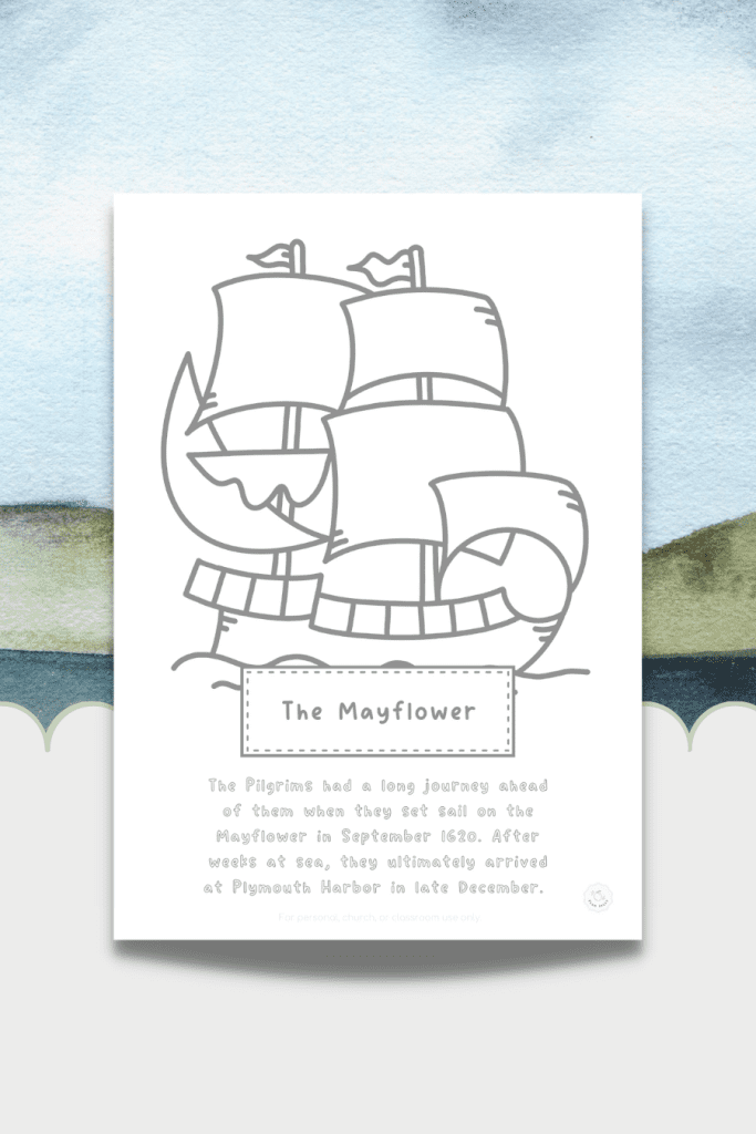 This Mayflower coloring page features a doodle image of the Mayflower. At the bottom, are the words: The Pilgrims had a long journey ahead of them when they set sail on the Mayflower in September 1620. After weeks at sea, they ultimately arrived at Plymouth Harbor in late December. 