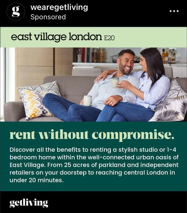 WeAreGetLiving advertising their rental properties in postcode area E20 in East London on Instagram, calling it "rent without compromise"