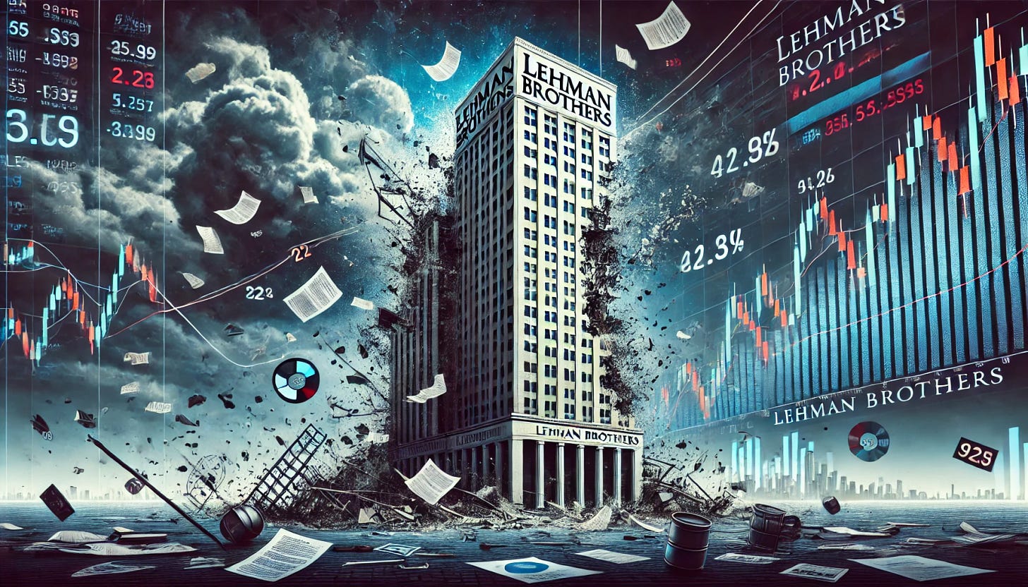 A dramatic illustration of the collapse of Lehman Brothers and the financial market crash. The image shows a tall building with the Lehman Brothers logo crumbling and breaking apart, while stock market graphs and numbers plummet in the background. There are falling papers, debris, and dark storm clouds, symbolizing the chaos and panic of the financial crisis. The scene is chaotic and somber, with a sense of impending disaster as the collapse of the company triggers a domino effect across the financial world.