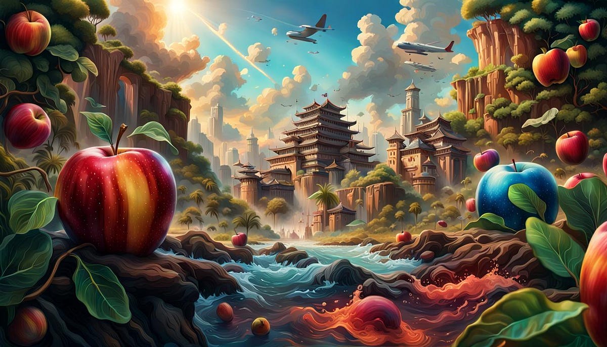 A hypereal virtual reality scene with pagodas, apples in foreground