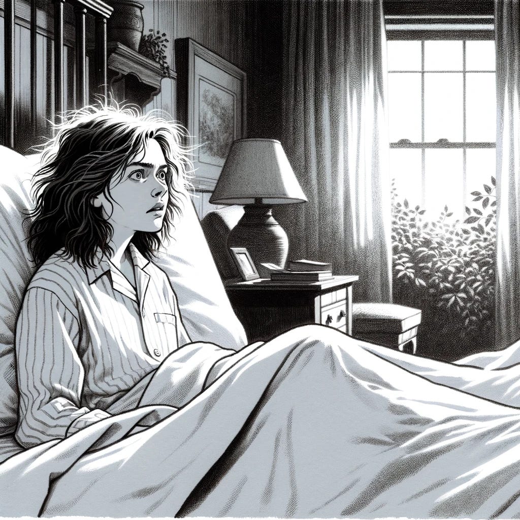 A black and white drawing depicting Brenda waking up in a soft bed with white sheets, in a bedroom bathed in morning light. While she looks around, her expression is less worried and more curious or mildly confused. Her hair is tousled, and she's sitting up, adjusting to her surroundings with a sense of wonder rather than fear. The room appears safe and somewhat unfamiliar, creating an atmosphere of quiet discovery rather than tension. This scene captures a moment of gentle awakening, rendered with fine linework to highlight the subtle emotions on her face.