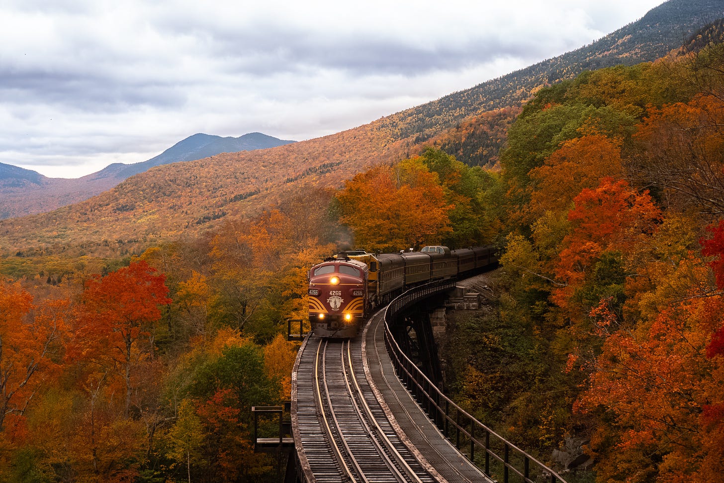 Photo of a train coming around a track, surrounded by autumn leaves in a mountainous landscape