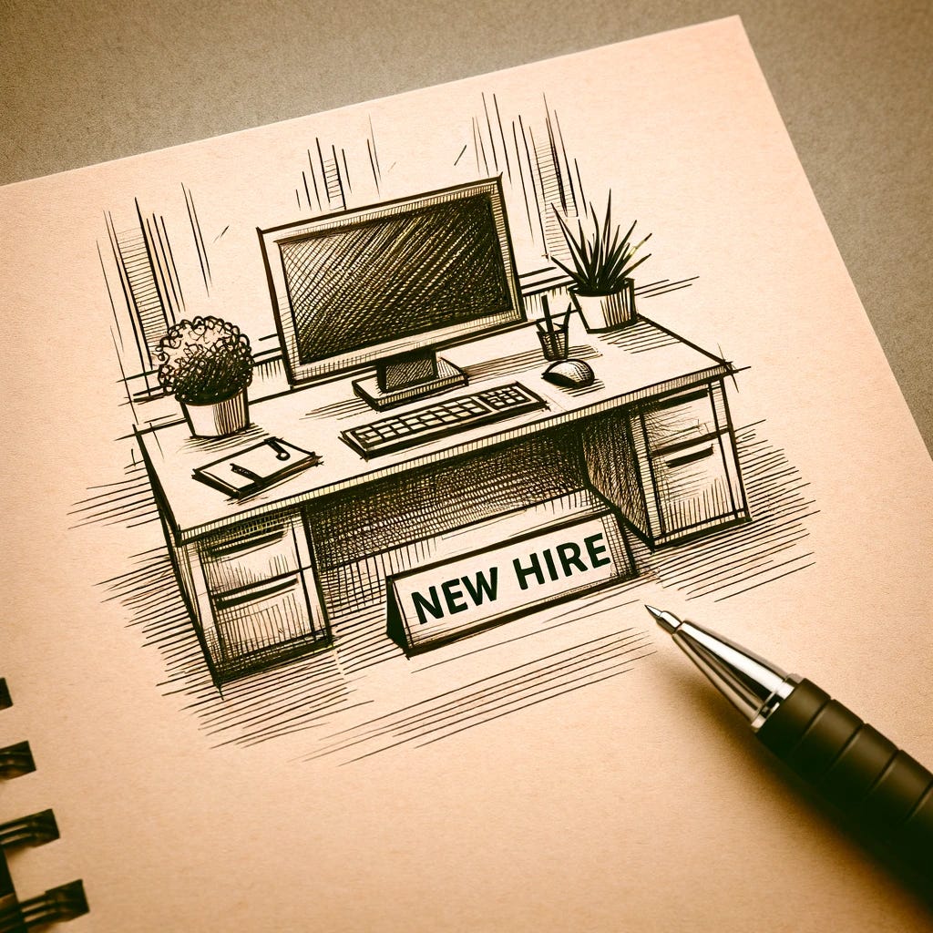 A sketch representing the concept of 'new hire.' The sketch should depict a simple and welcoming office environment with a desk set up for a new employee, including a computer, a nameplate with the text 'New Hire,' and some basic office supplies like a notepad and a pen. The scene should convey a sense of excitement and readiness for a new team member.