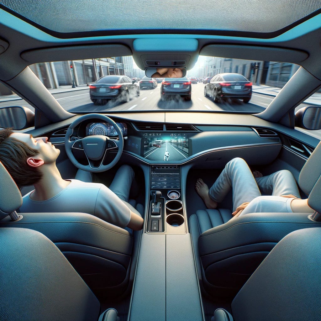 Create a photorealistic image of a scene inside an autonomous vehicle, showing a person sleeping in the driver's seat while the car drives itself. The perspective should be from the cockpit view, depicting the moment of an accident. The image should capture the details of the interior, the sleeping person, and the sense of an imminent collision, focusing on conveying the concept of an autonomous driving accident with a sleeping passenger from an internal viewpoint.