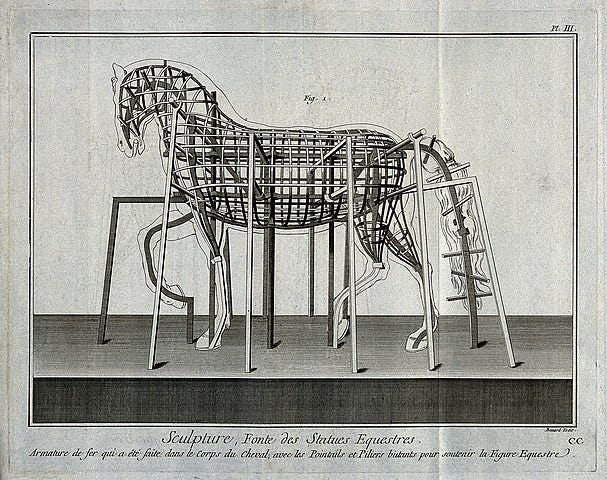 An engraving showing the inner support structure--the armature--of what will become a statue of a horse. Descriptive text in elegant font appears below in French.