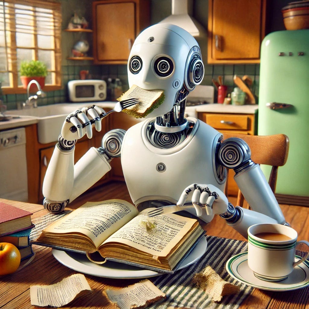 An image of a humanoid robot eating  book with fork and knife in a 1950s-style kitchen table.