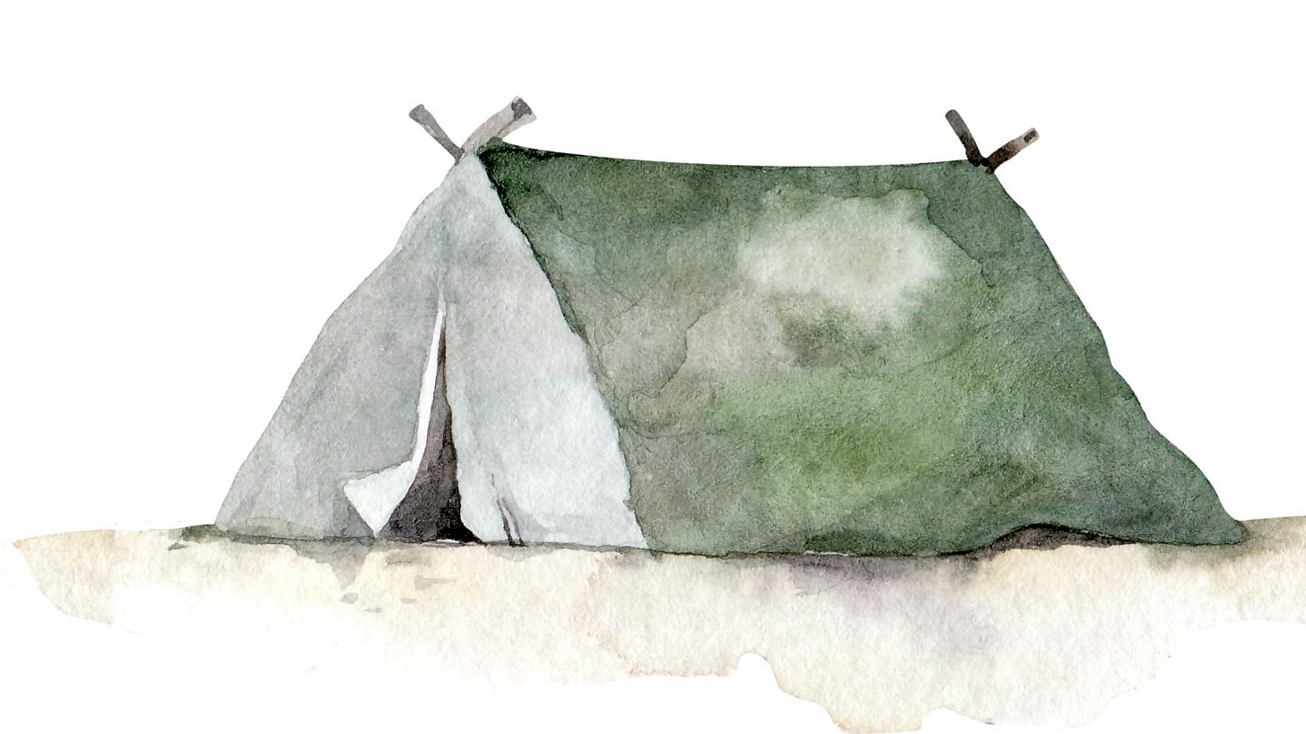 A watercolor painting of an A-frame tent