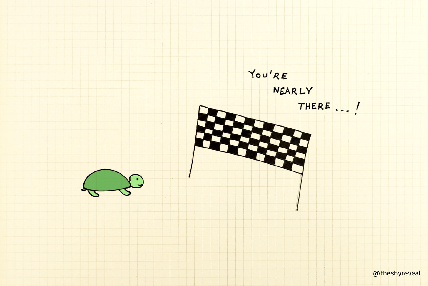 Drawing of a turtle walking towards the finish line.