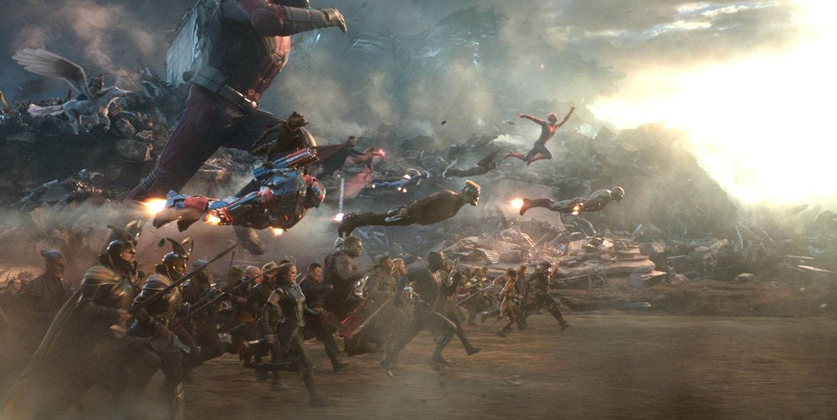 still from the final battle of end game. hundreds of characters from the MCU charging towards Thanos' army (offscreen)
