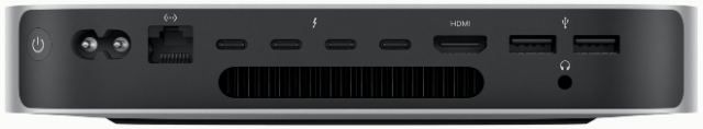 The M2 Pro model includes four Thunderbolt 4 ports and support for up to three displays.