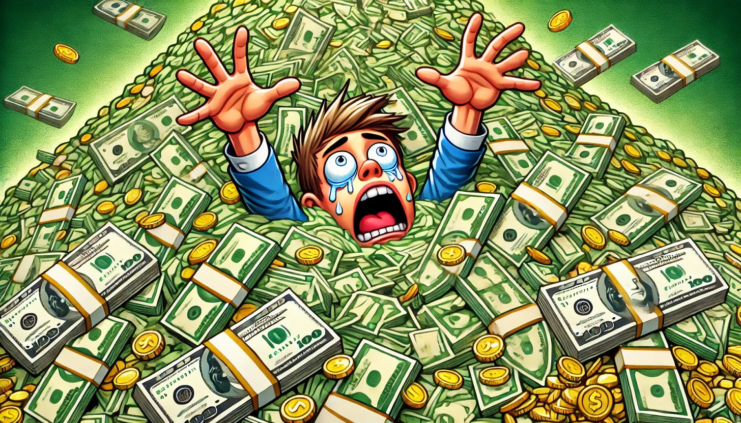 A cartoon image of a person drowning in a massive pile of cash. The person is struggling with their arms reaching out from under the mountain of dollar bills, coins, and bundles of money. The expression on their face shows panic and desperation, with wide eyes and an open mouth. The cash is depicted in vibrant green and gold tones, filling the entire background, making it look overwhelming. The overall style is exaggerated and playful, capturing the absurdity of the situation with a touch of humor.