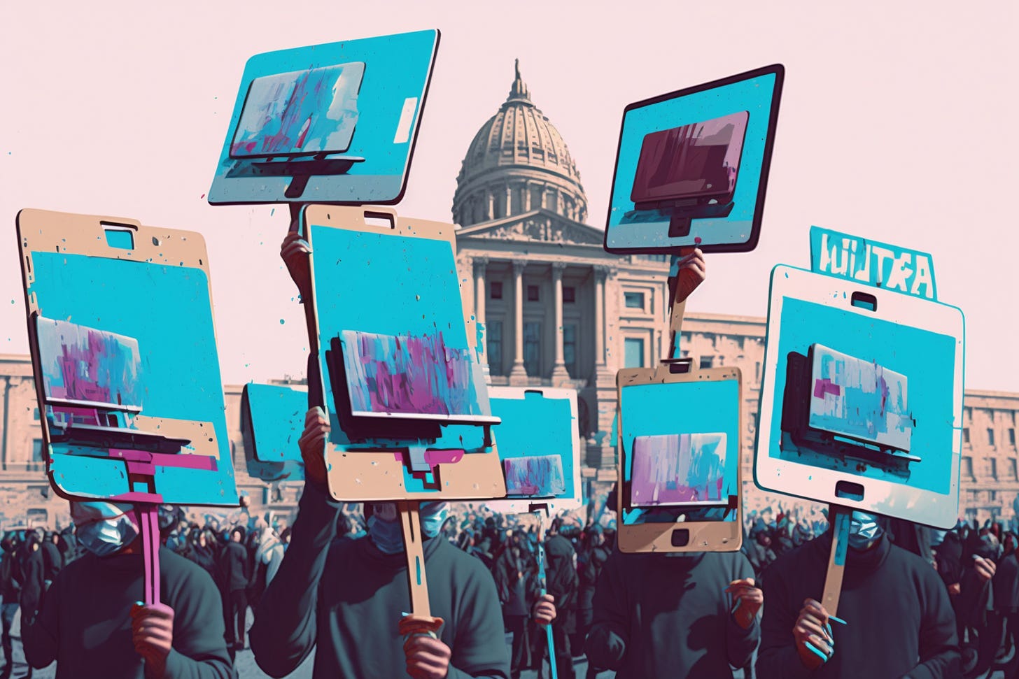 Midjourney-generated art (sorry) of artists protesting in front of a capitol, lifting up canvases merged with tablets and art covering the artists' faces