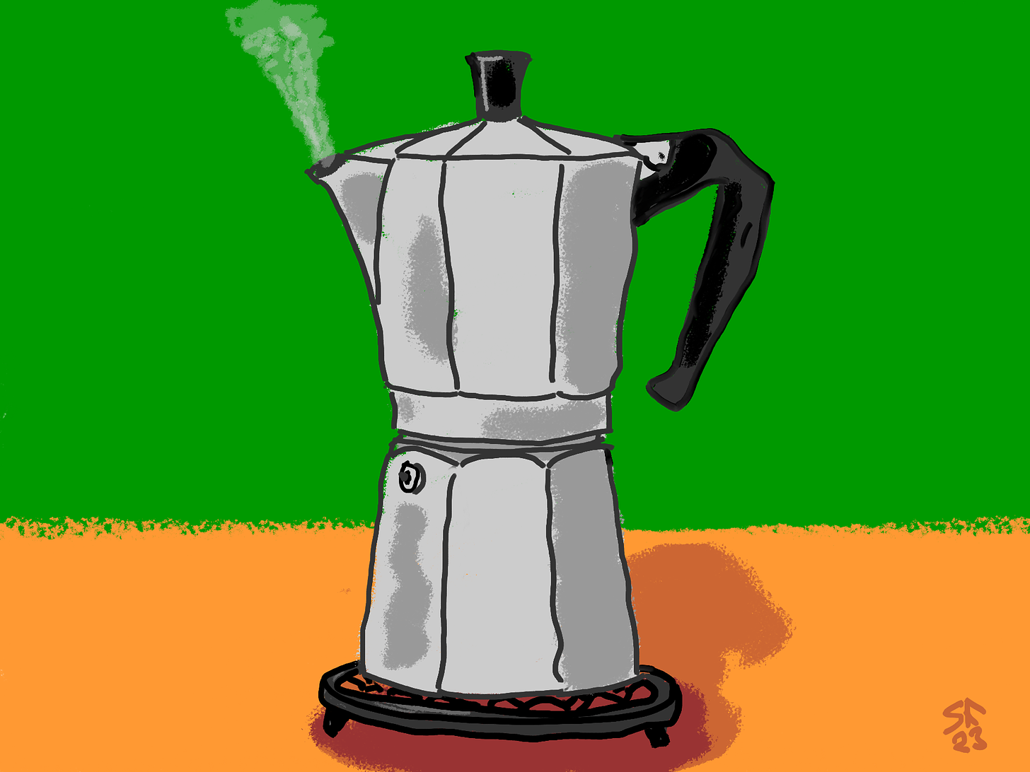 Drawing of a vintage octagonal aluminium coffee pot, steam rising from the spout.
