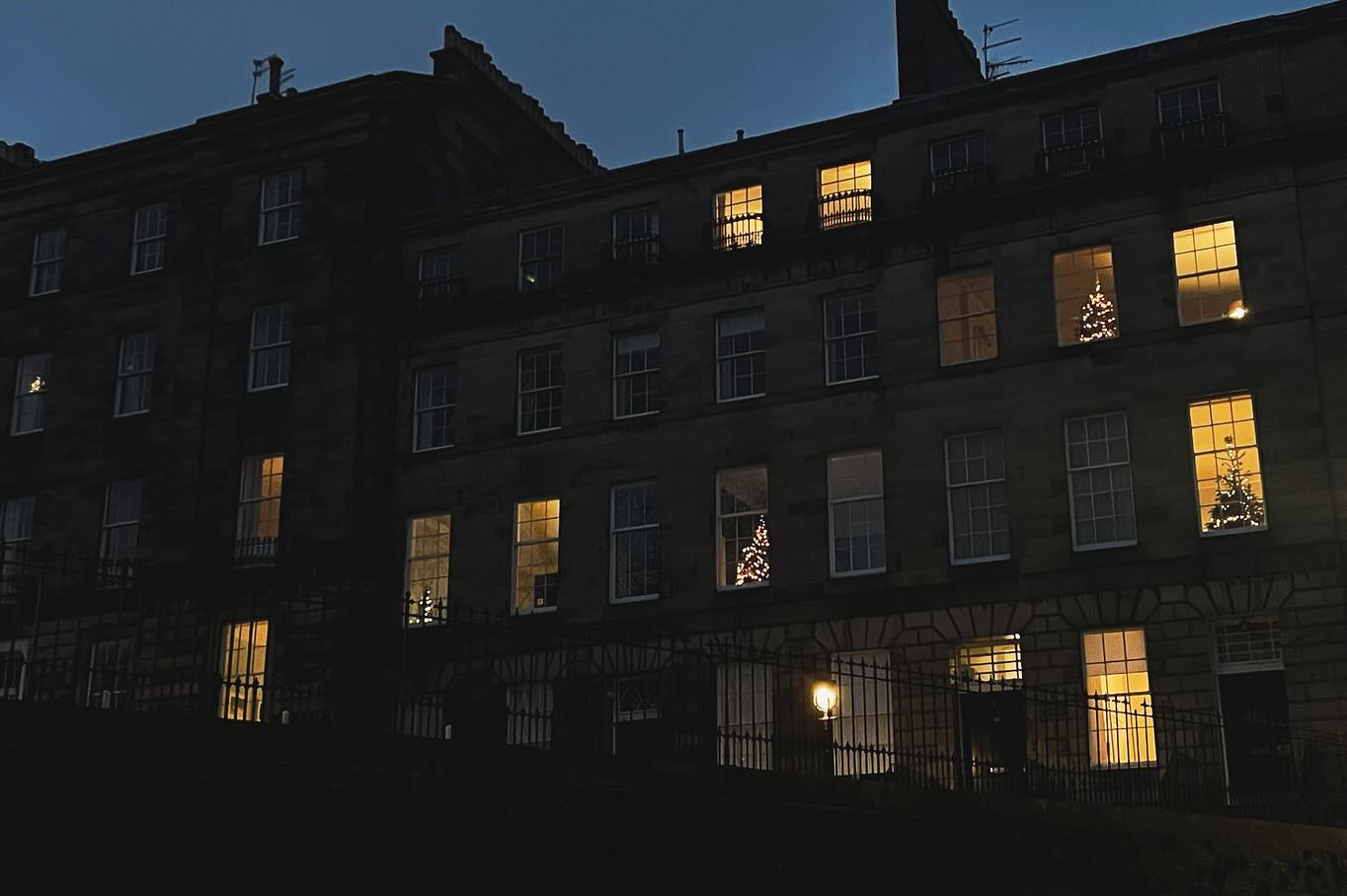 A building at night with glowing windows and Christmas trees visible inside.