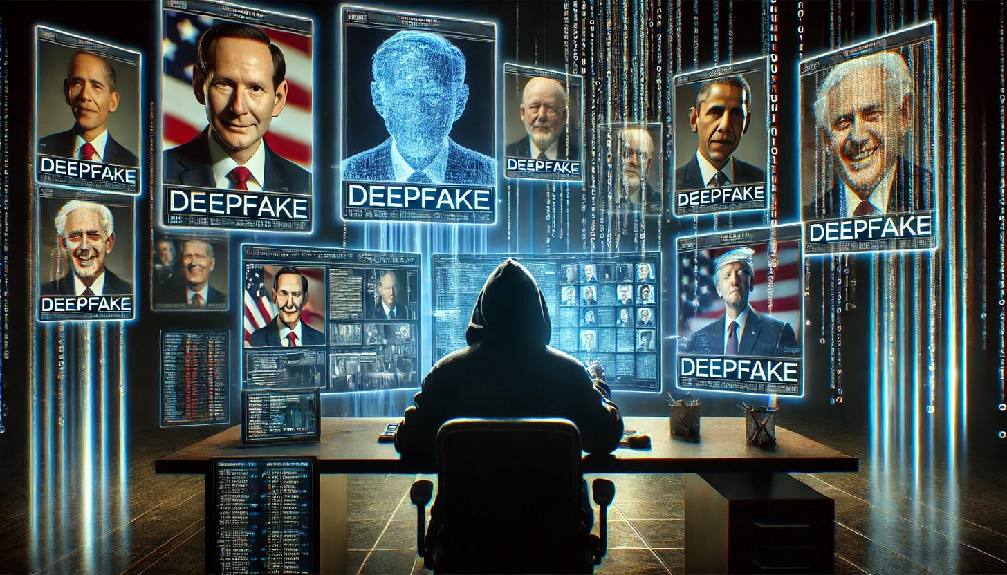 A hyperrealistic deepfake creation process: a sinister figure in a dark room, manipulating holographic images of political candidates on a futuristic interface. The manipulated images blend seamlessly with authentic-looking videos on multiple screens, creating a tense and unsettling atmosphere. Binary code flows through the air, emphasizing the high-tech nature of the attack. The scene is photorealistic and cinematic, rendered in high resolution with dramatic lighting.