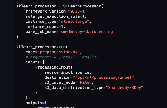a snippet of code with sklearn_processor.run() invocation