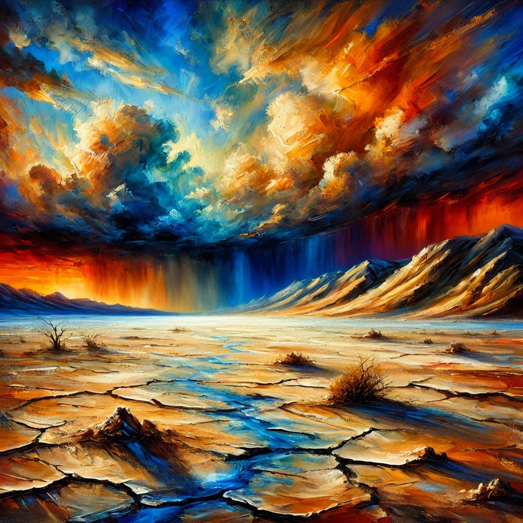 A vibrant, expressive oil painting depicting a scene of desolate, barren landscapes with distant storm clouds gathering over a remote desert, symbolizing themes of loss, suppression, and resilience. The colors are bold and rich, with deep blues, oranges, and reds reflecting the emotional intensity of the scene. The land appears cracked and dry, hinting at neglect and desolation, while the sky carries both a sense of impending danger and faint light, suggesting a struggle for survival. No humans or animals are present, only the natural world in conflict.