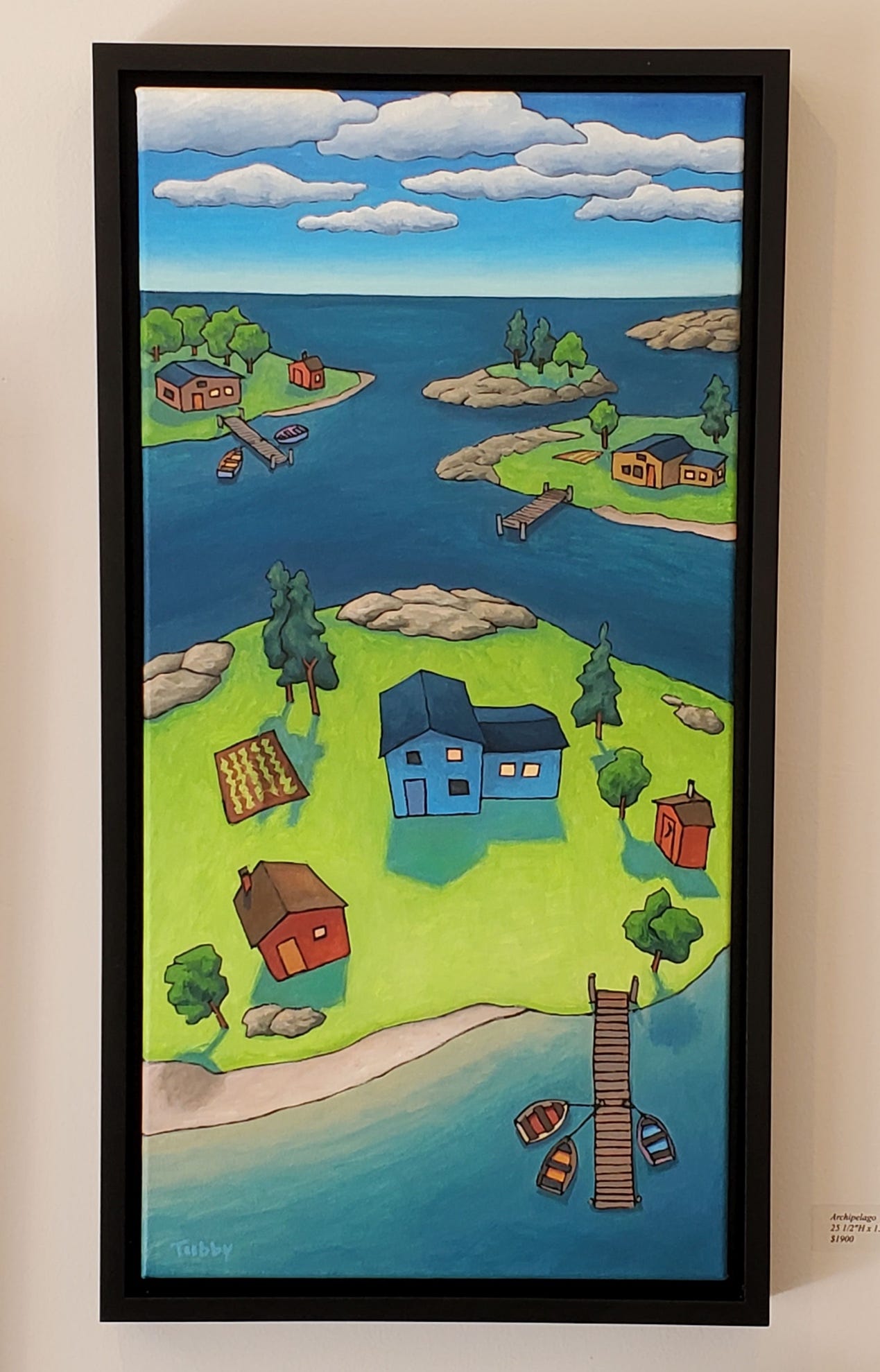 A painting of a landscape with houses and water

Description automatically generated