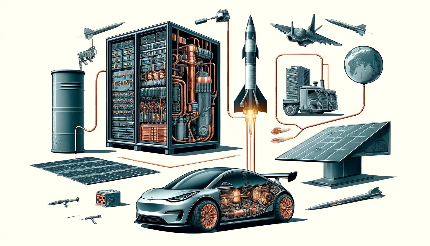 A detailed illustration showing the vital role of copper in various technologies. The image should include an electric vehicle, a missile, and a data center powering AI. The electric vehicle should show copper components in the motor and battery system. The missile should highlight the copper wiring and electronics. The data center should feature servers with copper connections and cables. Include labels and arrows pointing to the copper parts in each technology. The overall style should be technical and informative, with a clear, easy-to-understand layout.