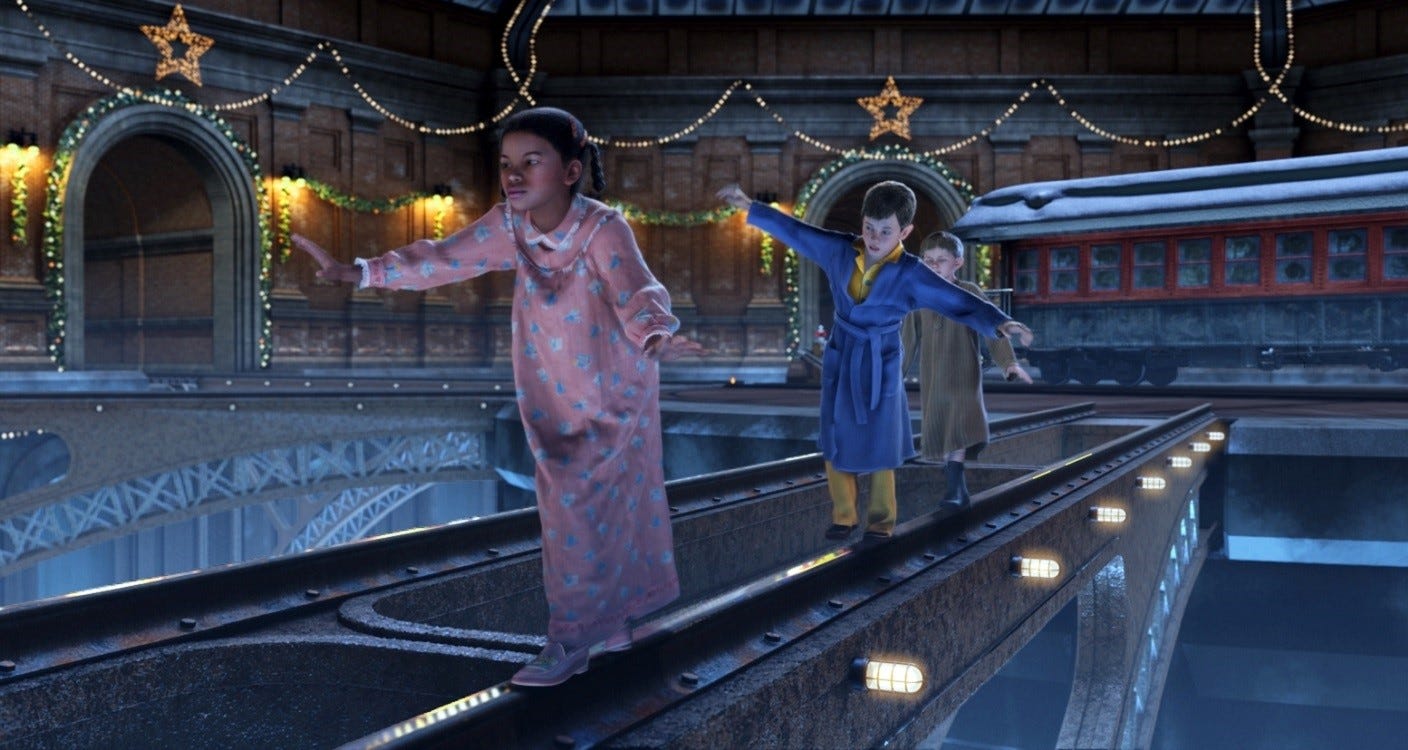 Hero Girl, Hero Boy, and Billy in the North Pole in The Polar Express.