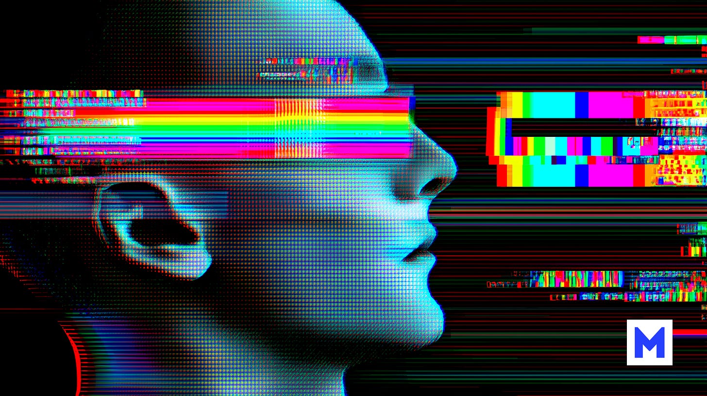 a human silhouette distorted by glitch effects, neon interference patterns, corrupted pixels, VHS static overlays, cyberpunk aesthetic, dark background, visual chaos.