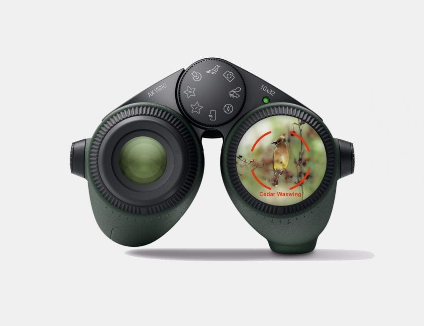 Image of the AX Vision binoculars with a rendering of how the AI bird identification feature appears in augmented reality over one lens