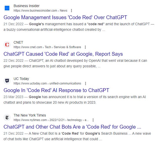 Screenshot of Google's first page of articles about "Code Red"