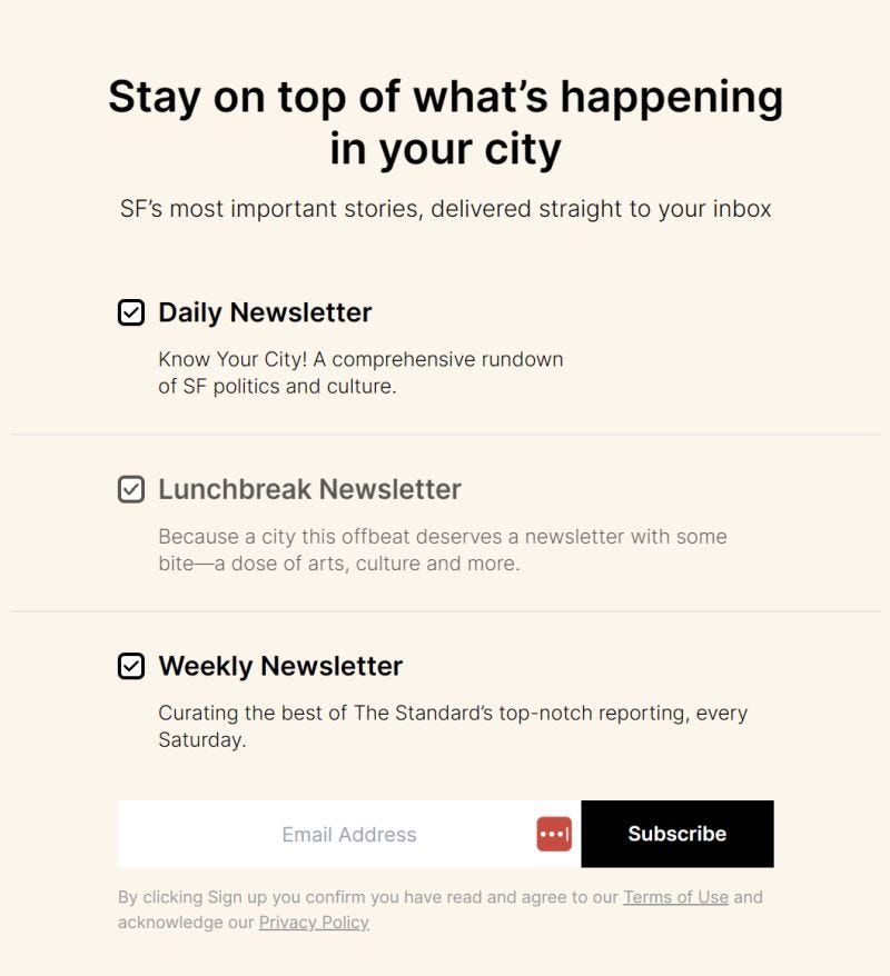 an email newsletter sign up page with 3 newsletter options
