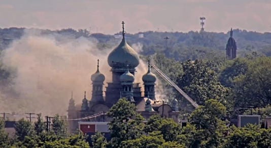 Smoke pours from Tremont church during large fire on May 28, 2024