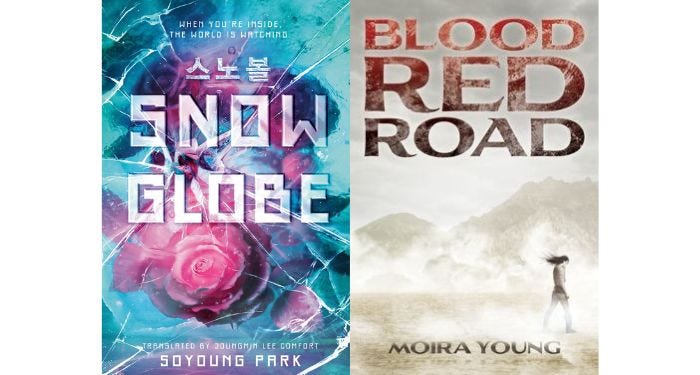 snowglobe and blood red road book covers