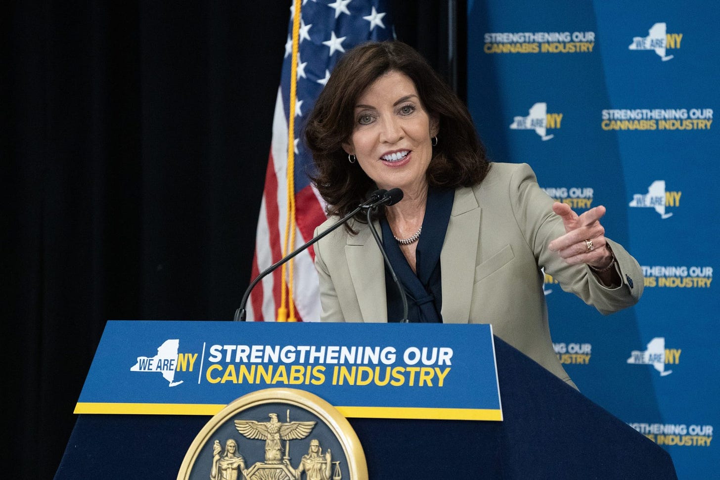 Gov. Kathy Hochul speaks about cracking down on unlicensed cannabis shops.