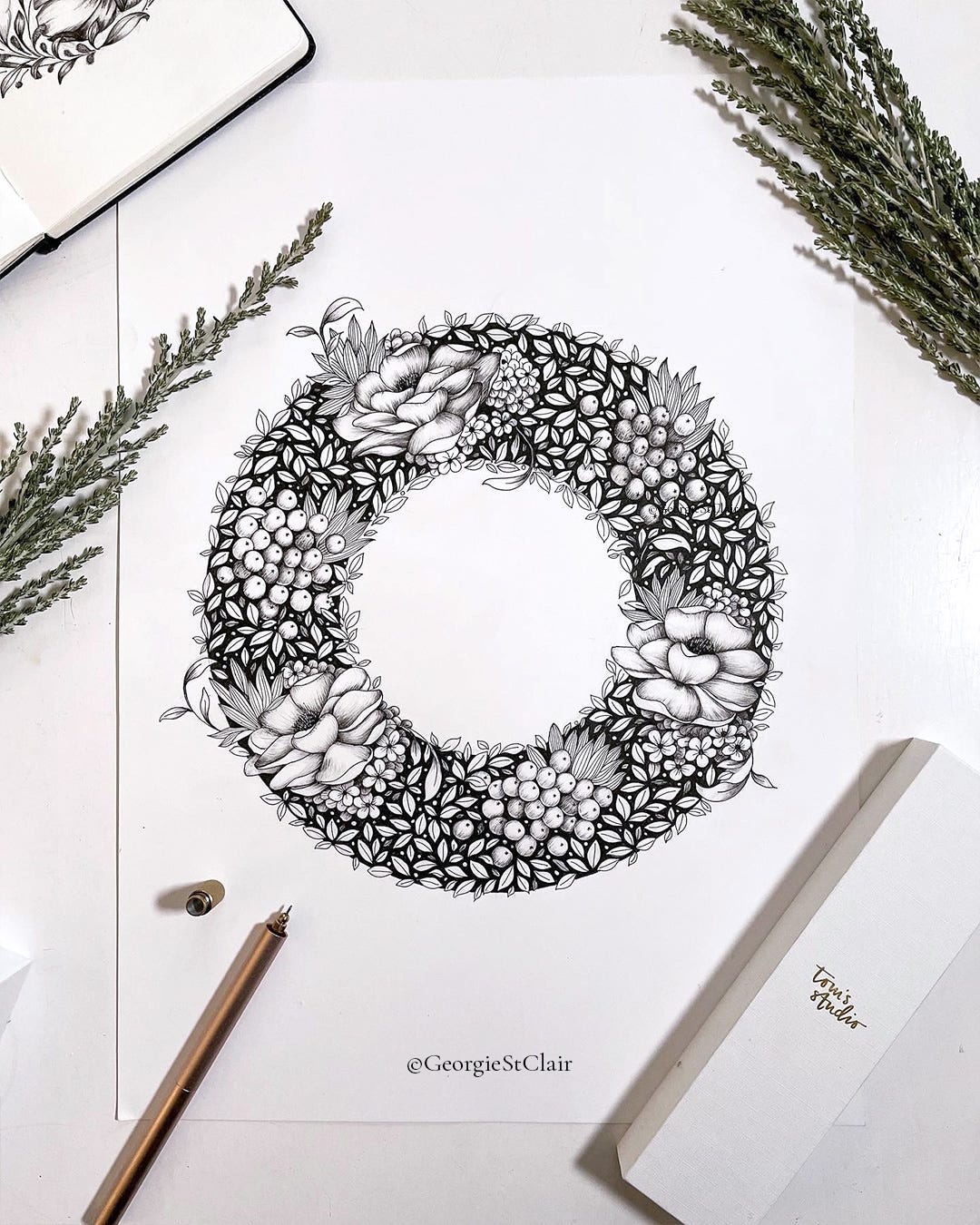 Fineliner botanical wreath drawing - illustration by Georgie St Clair